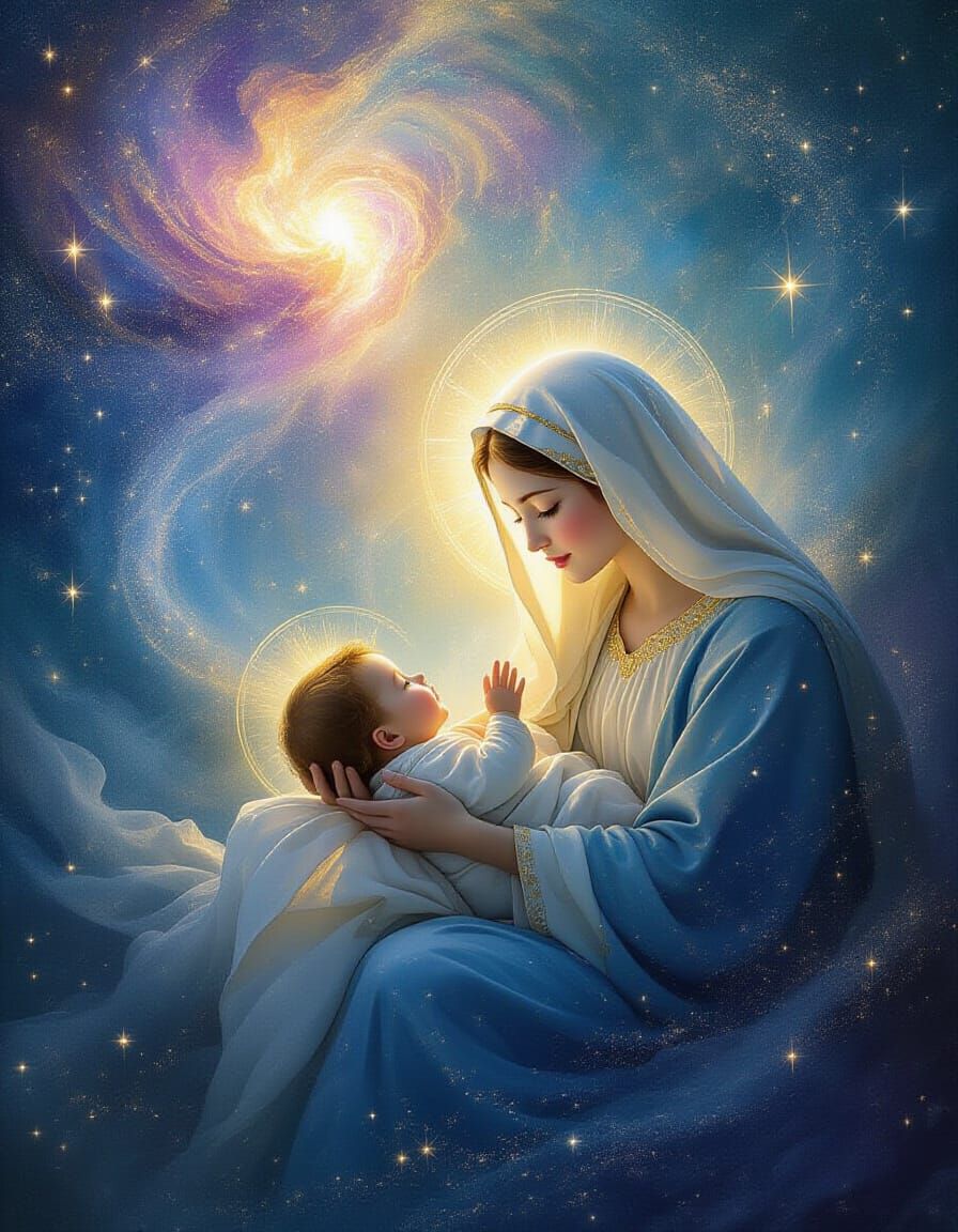 Divine Nativity Scene with Cosmic Elements