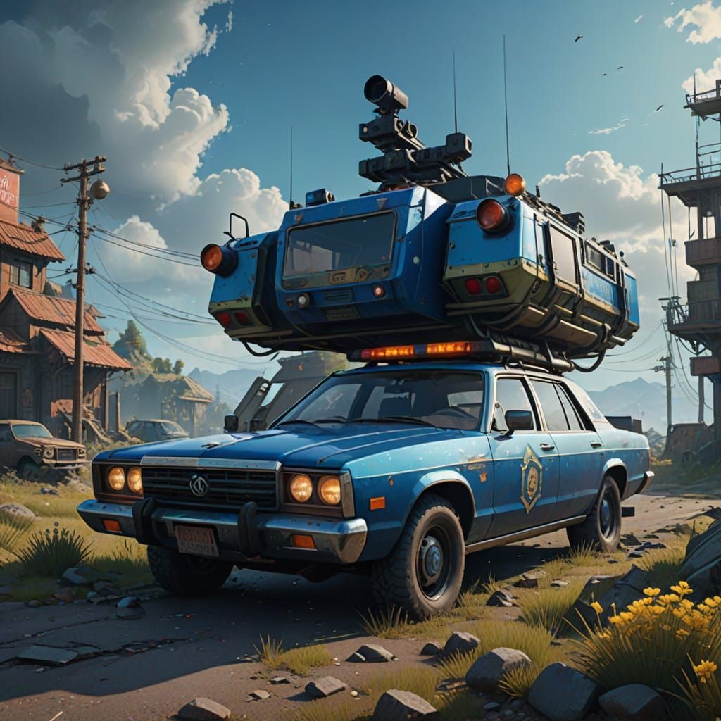 Sleek, Iridescent Polymiau Police Car in Fantasy Realm