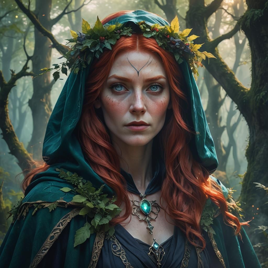 Mystical Forest Witch Portrait in Art Nouveau Style