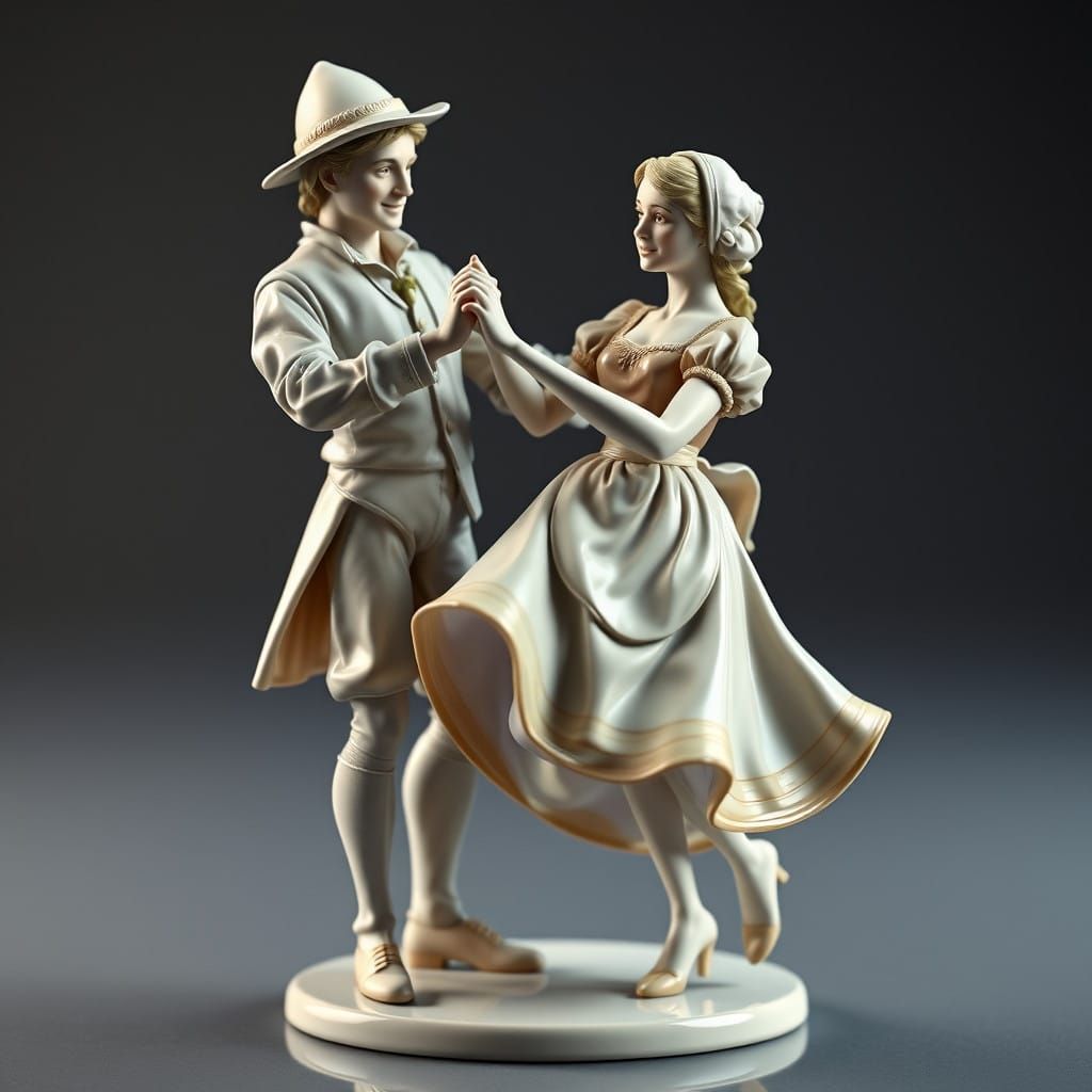 Delicate 18th-Century Shepherd Couple Dancing in Porcelain