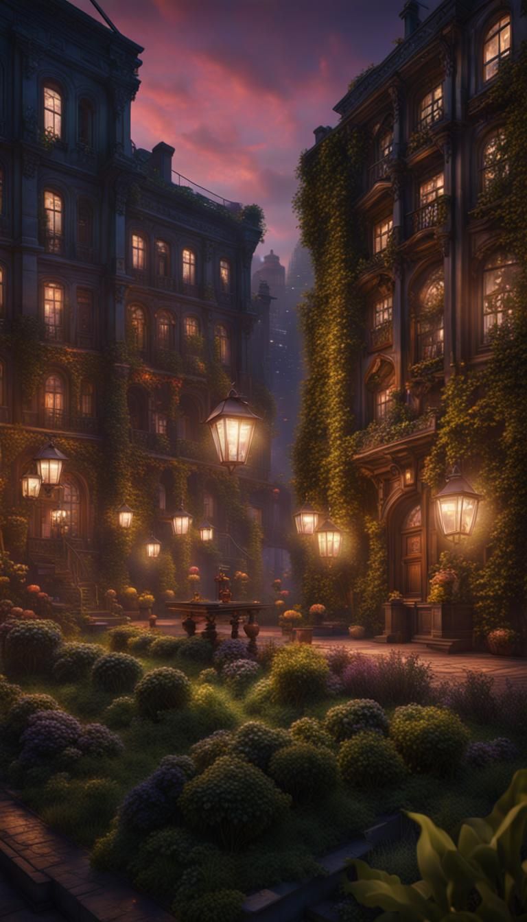 Illuminated Urban Garden at Night: Fantasy Concept Art