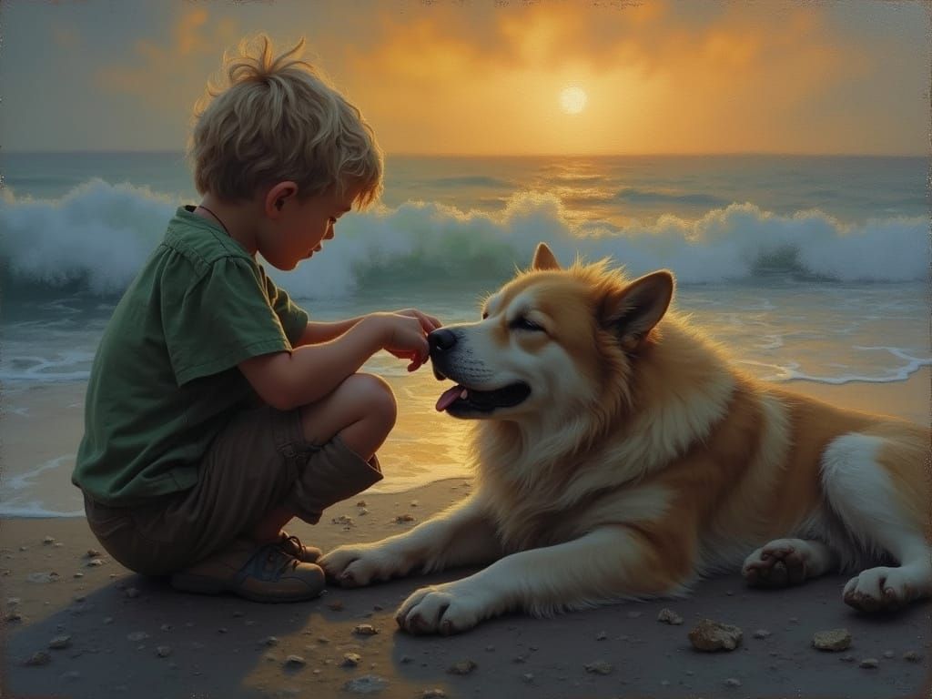 Impressionist Sunset: Boy and Dog on Beach