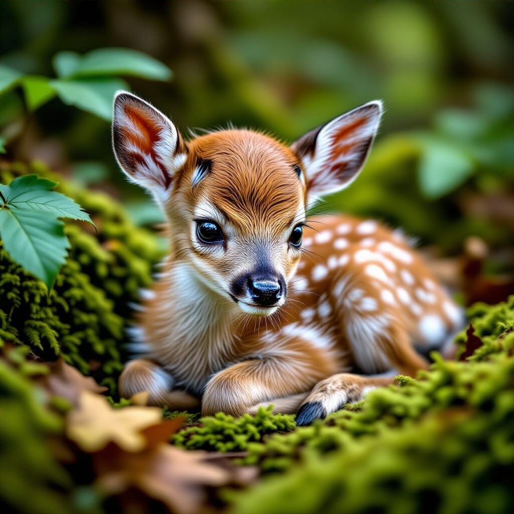 Delicate Fawn Resting in Forest Glade