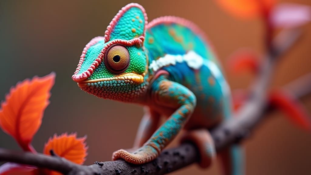 Vibrant Chameleon on Branch with Colorful Leaves