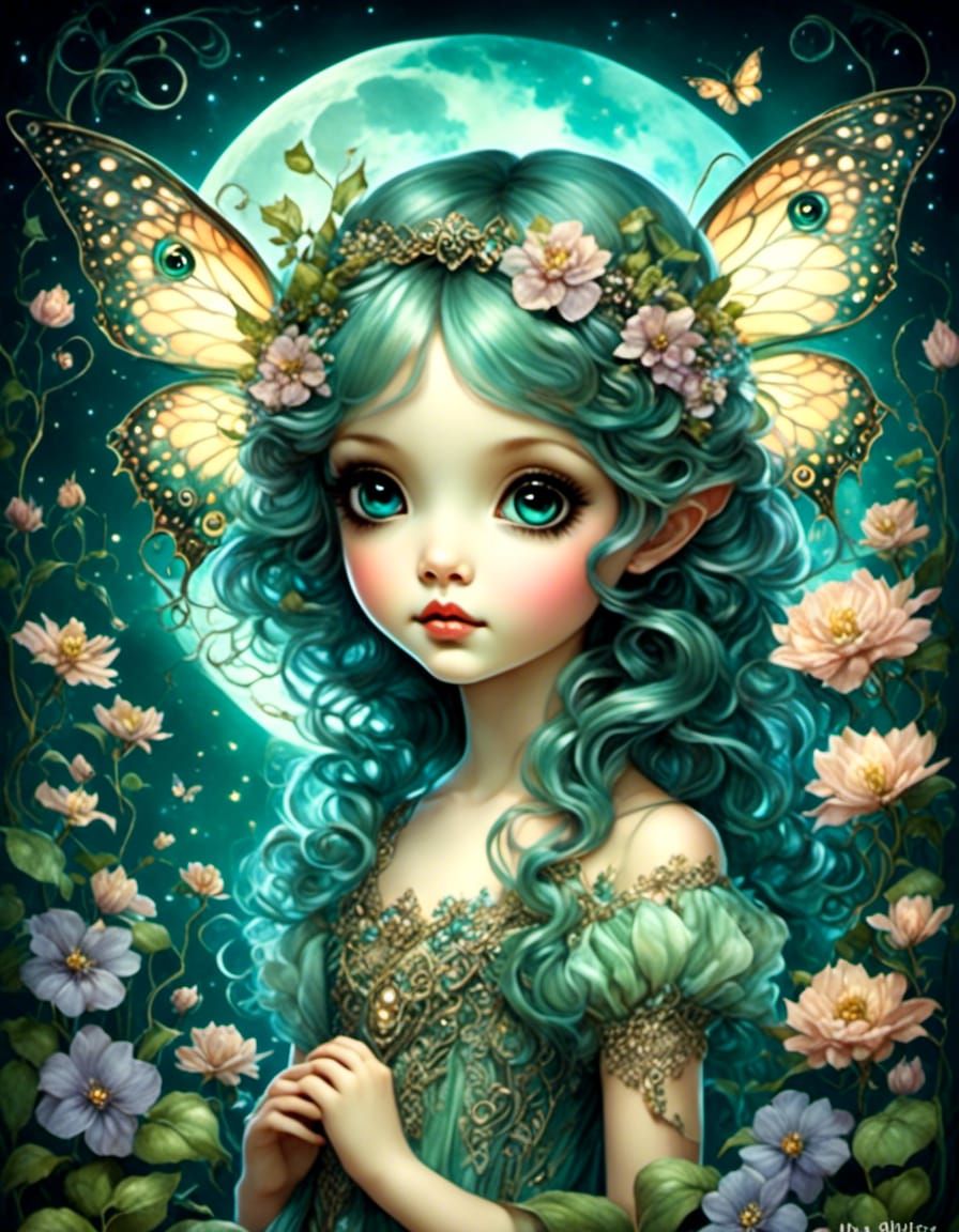 Beautiful Fairy in Moonlit Garden: Art Nouveau Style