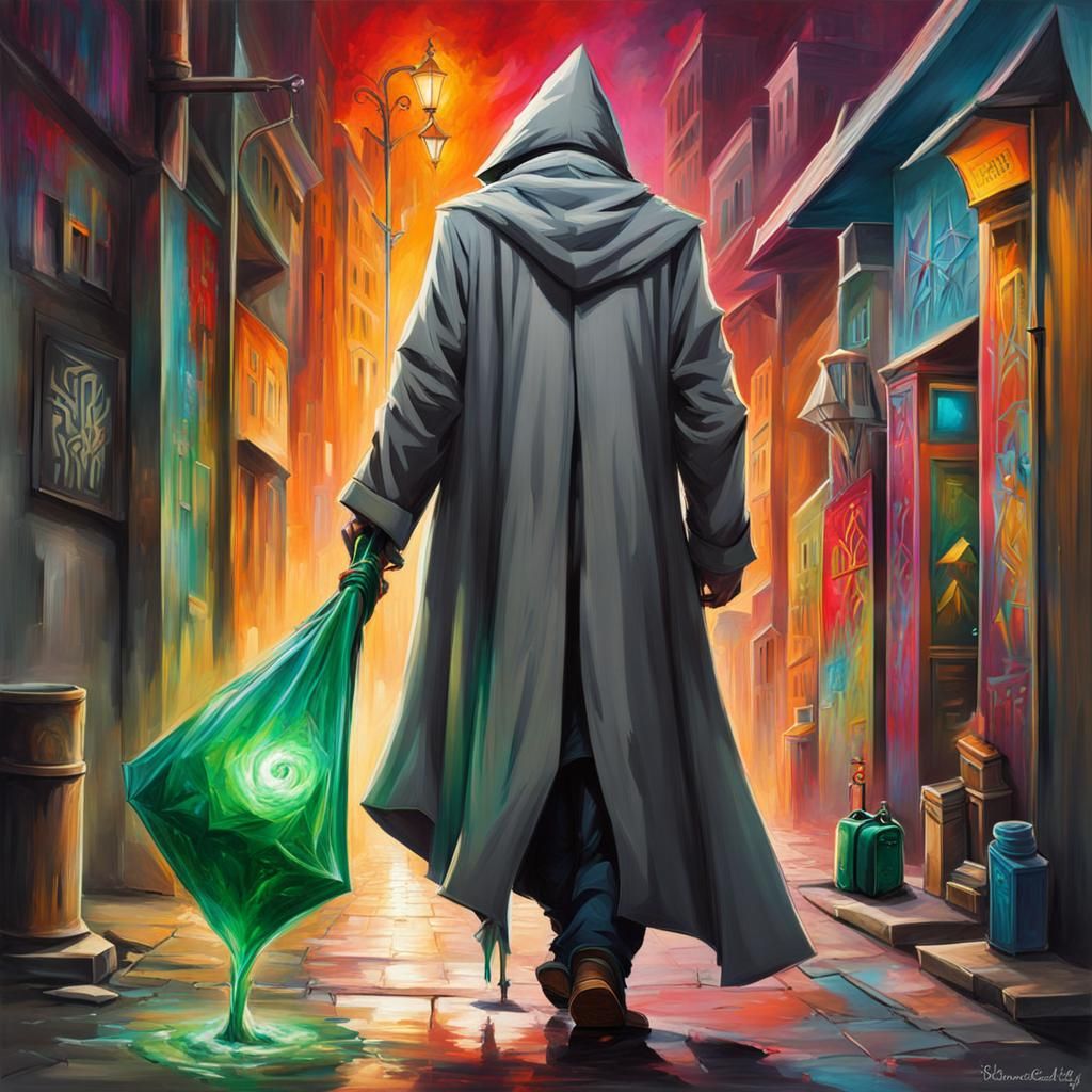 Wizard with Emerald Staff in Graffiti Art Style
