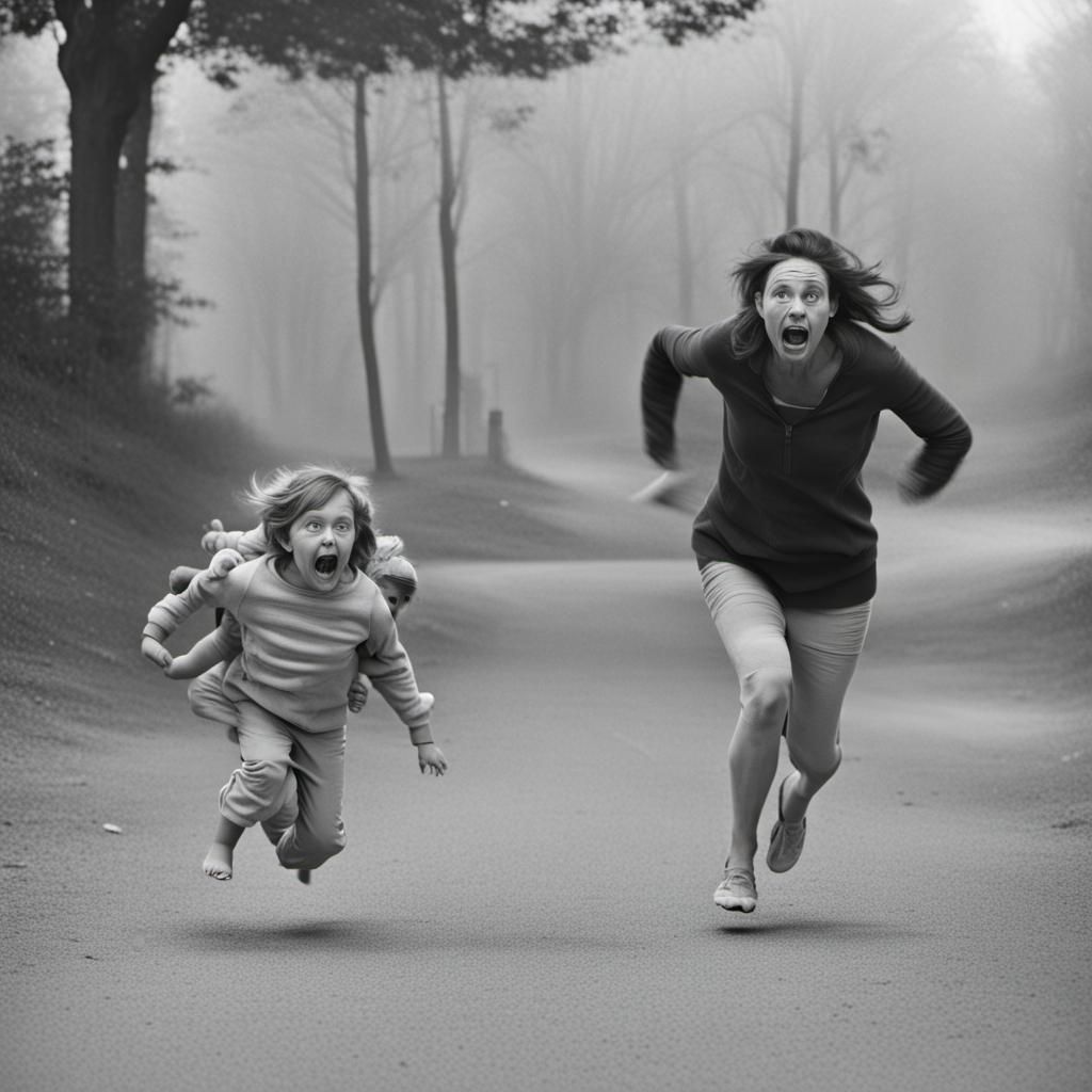 Mother and Child Running in Fear
