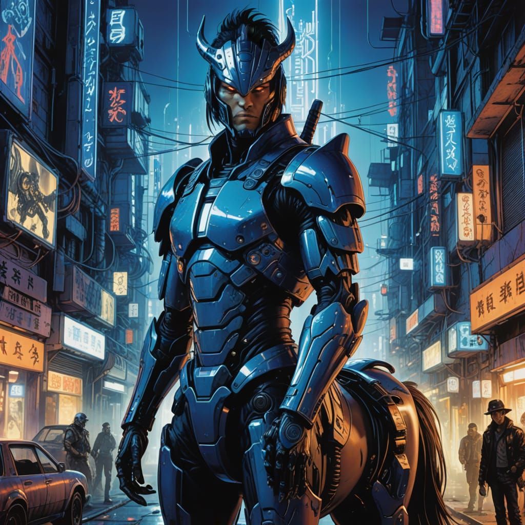 Cyberpunk Samurai Centaur in Neon Alleyway