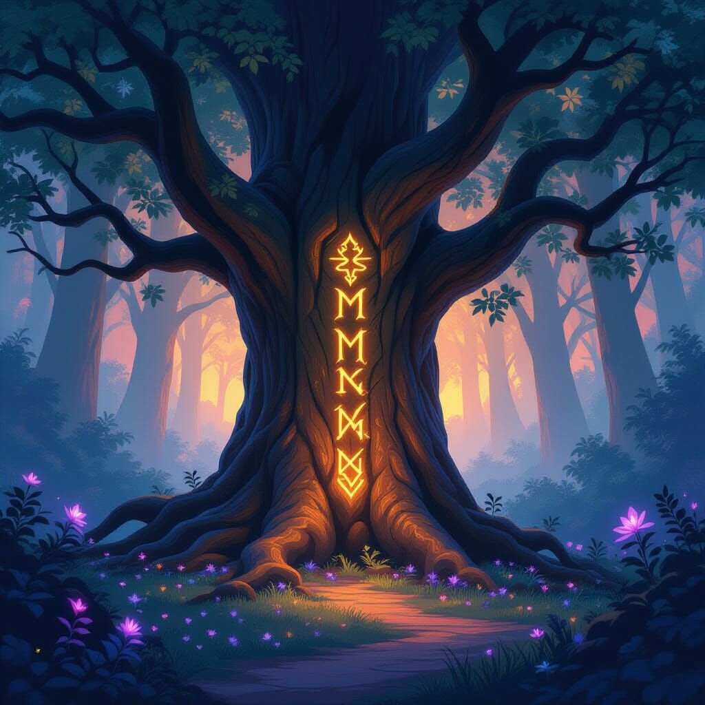 Majestic Ancient Tree With Glowing Runes in Mystical Forest