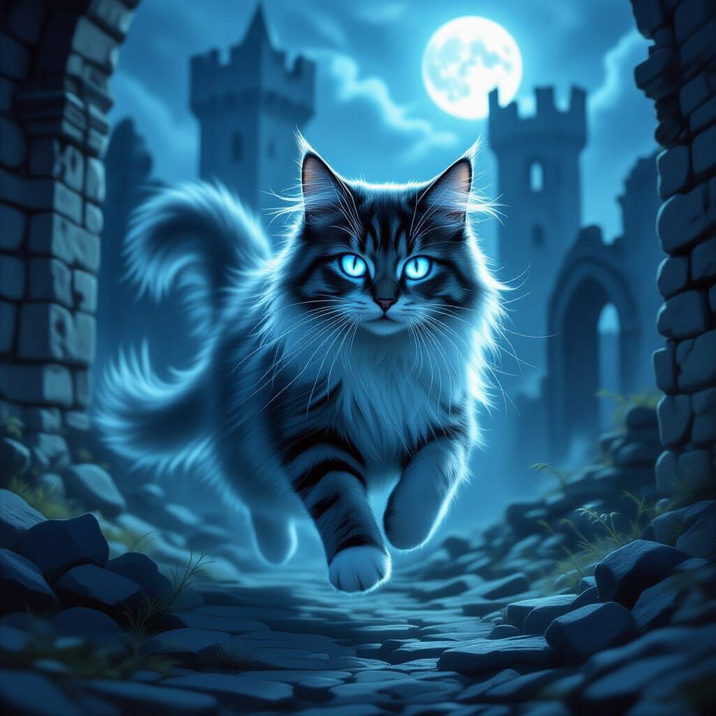 Ghostly Tabby Cat Floating Through Castle Ruins
