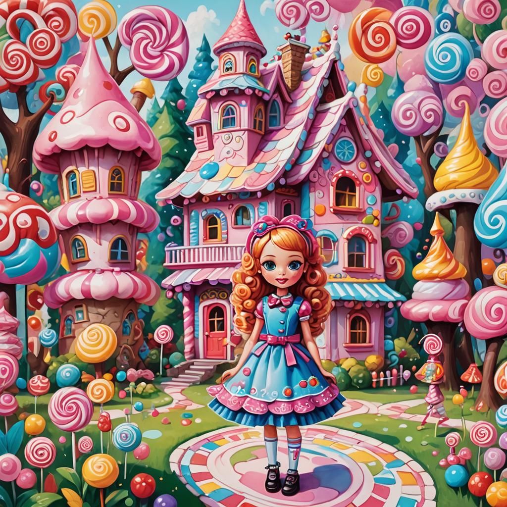 Lol Doll in a Vibrant Candyland Gouache Scene