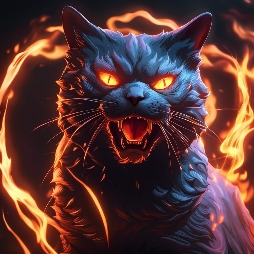 Fiery Demon Cat Portrait in Photorealistic Style