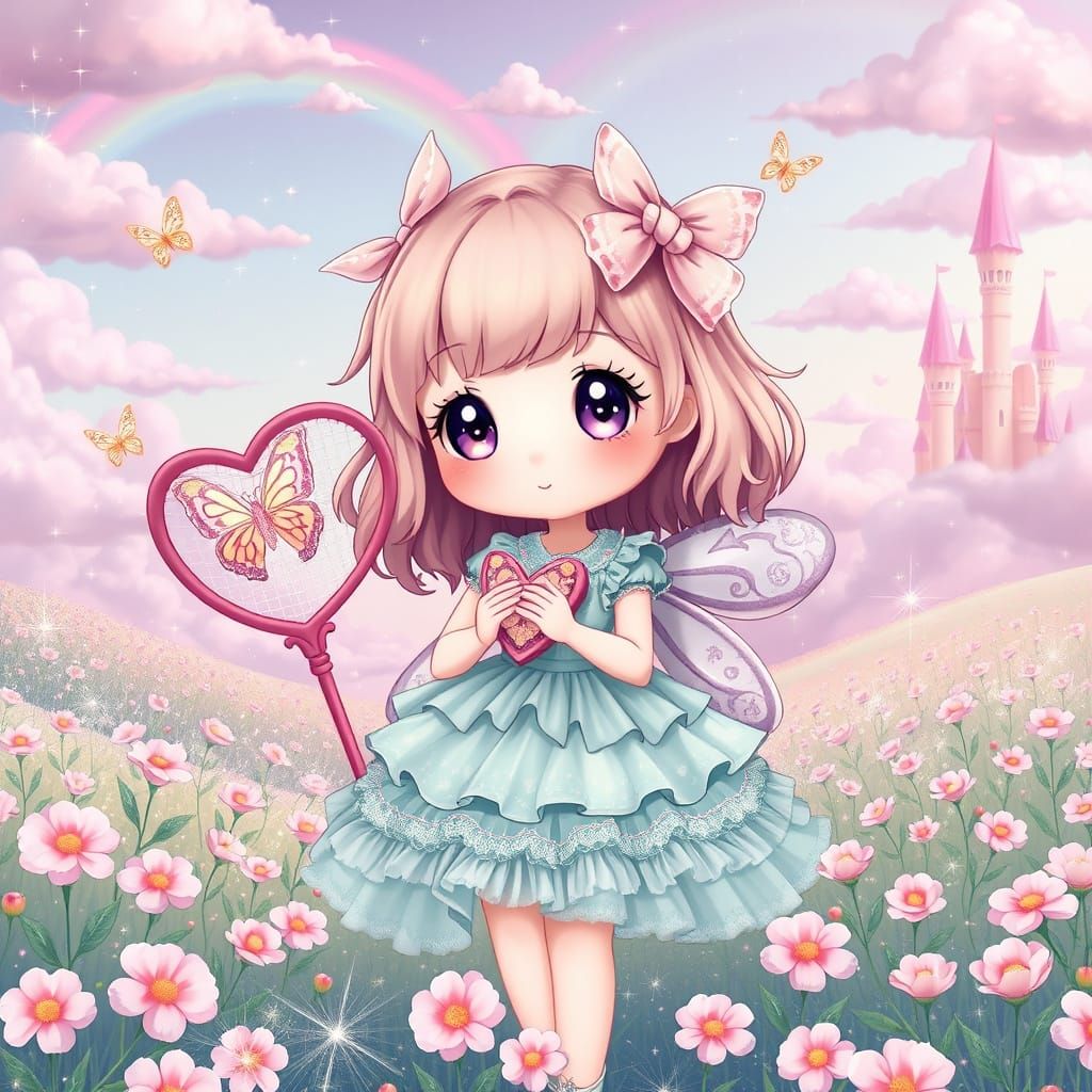 Kawaii Magical Girl in Dreamy Pastel Meadow