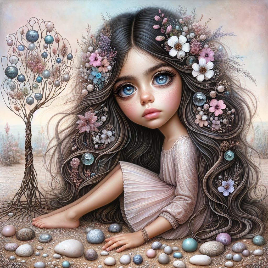Whimsical Girl with Wire Tree in Pastel Landscape