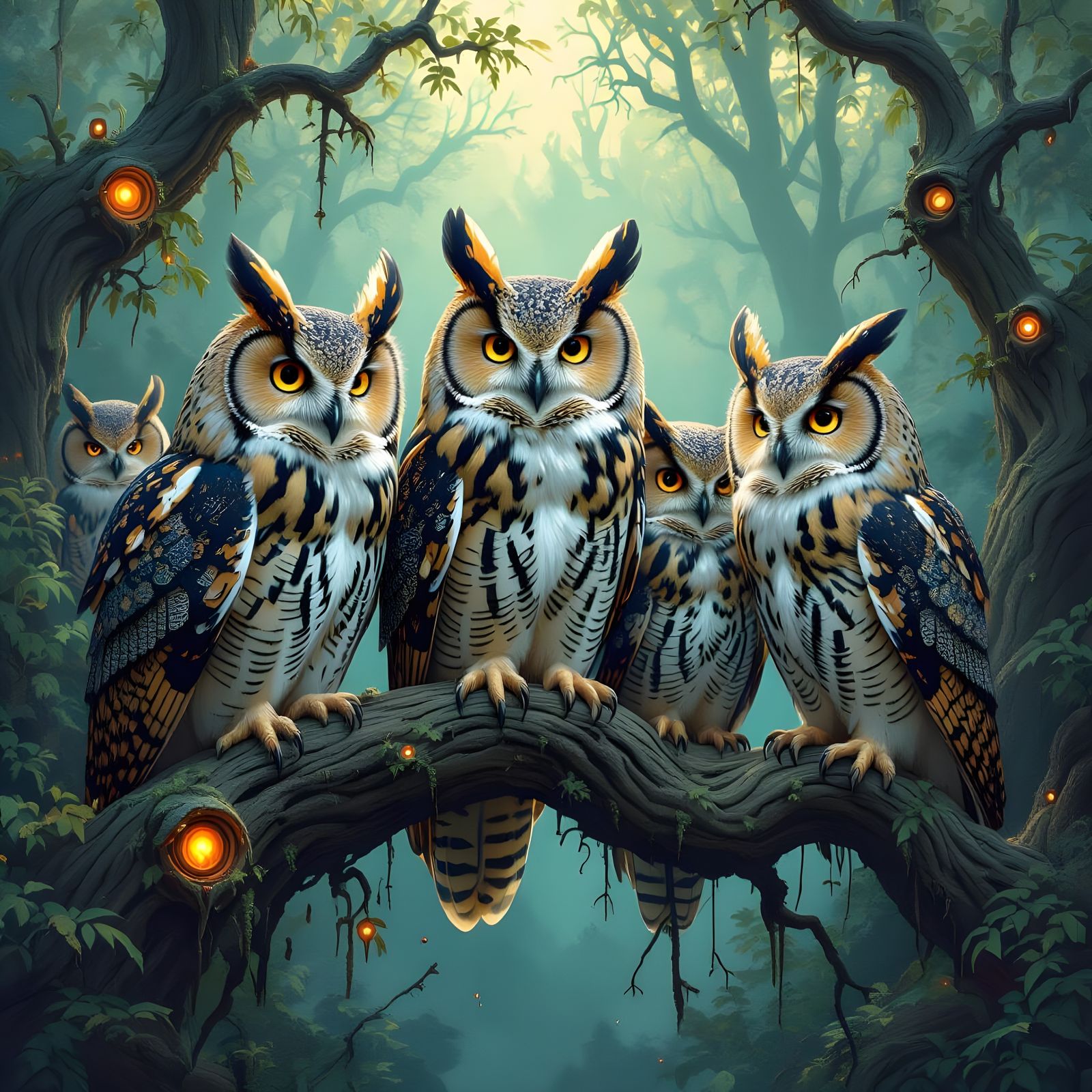 Owls Gathering in Hyperdetailed Maximalist Style