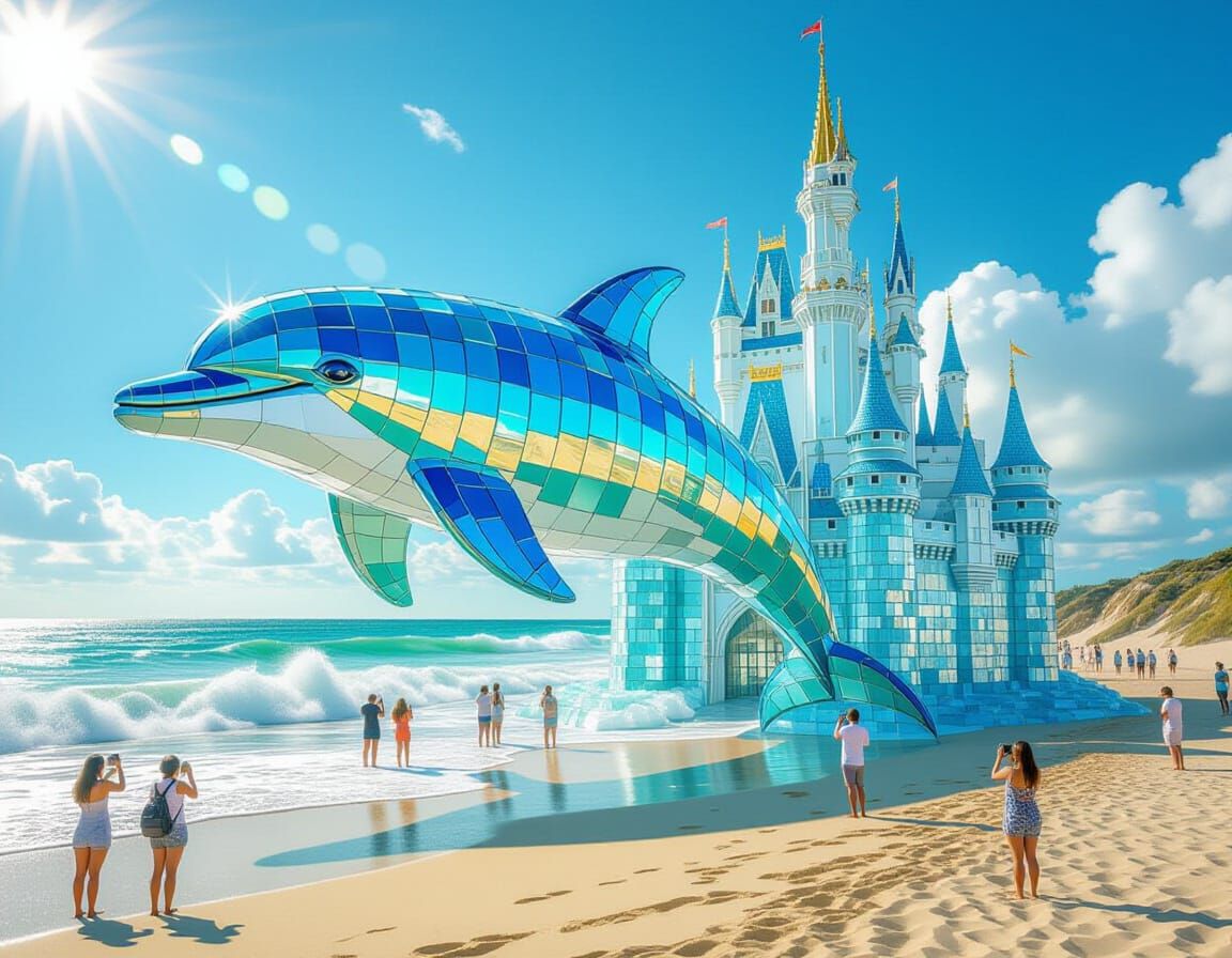 Glass Dolphin Castle on Beach, Airbrush Style