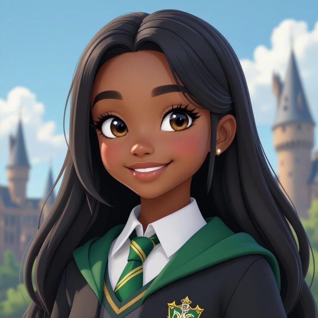 Happy Young Slytherin Girl in 3D Anime Art Style