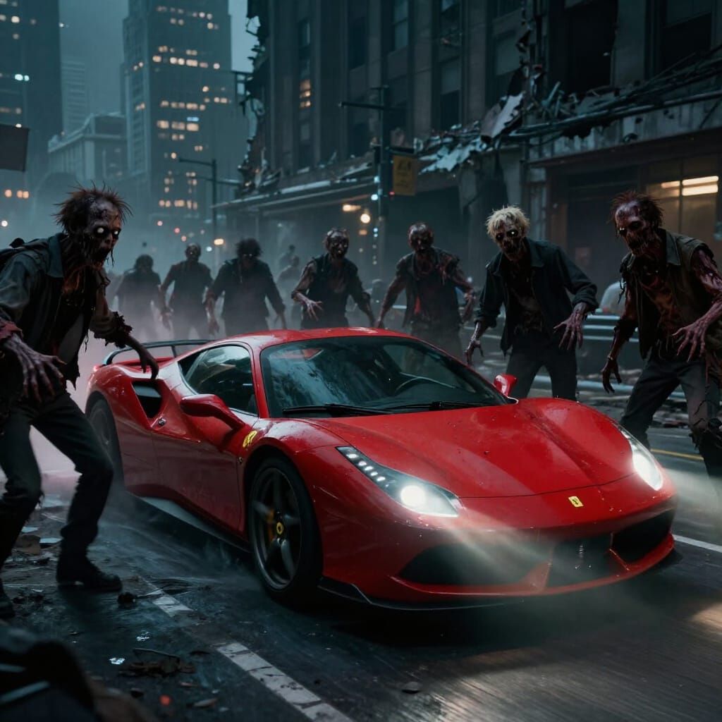 Ferrari Evades Mutant Zombies in Cyberpunk Cityscape