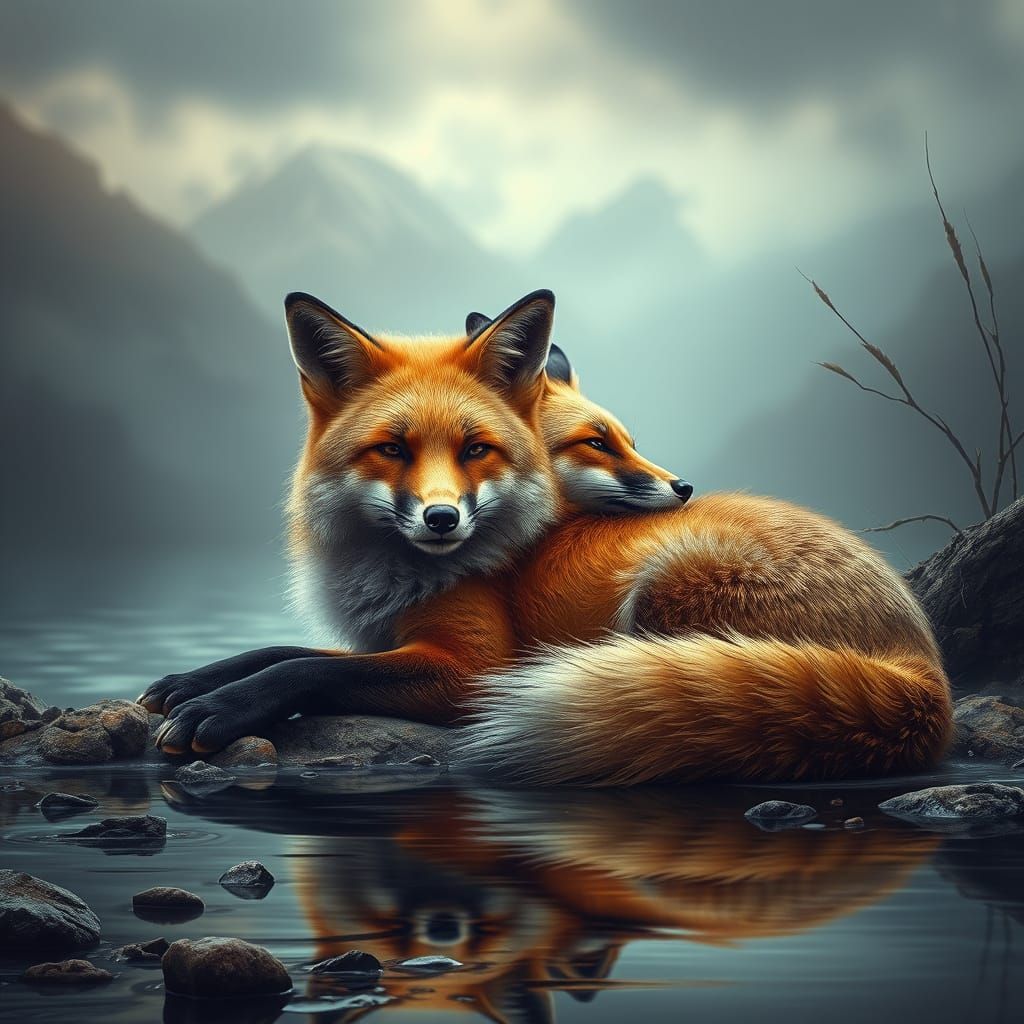 Foxes Relaxing by River: Digital Matte Painting