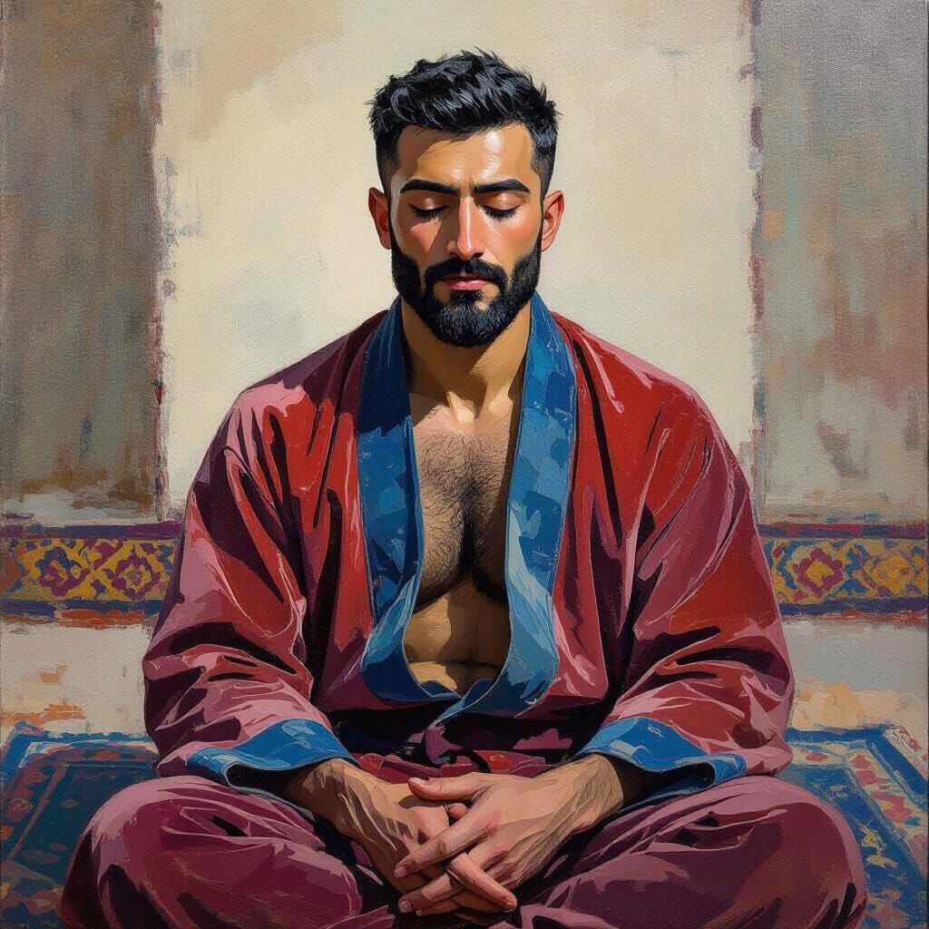 Serene Man in Velvet Robe, Neo-Impressionist Style