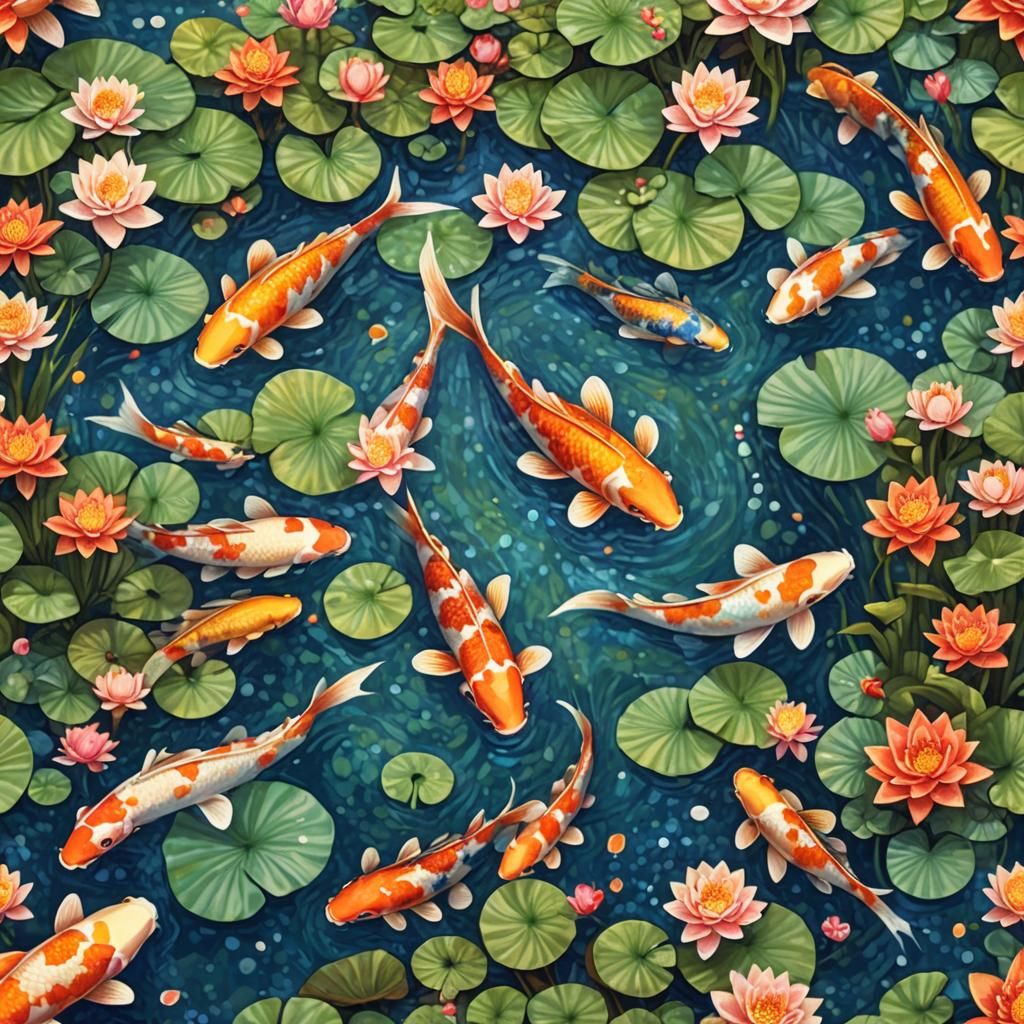 Koi Fish Pond in Pointillism Style