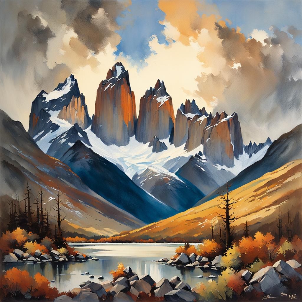 Patagonian Peaks in Evening Light, as Oil Painting