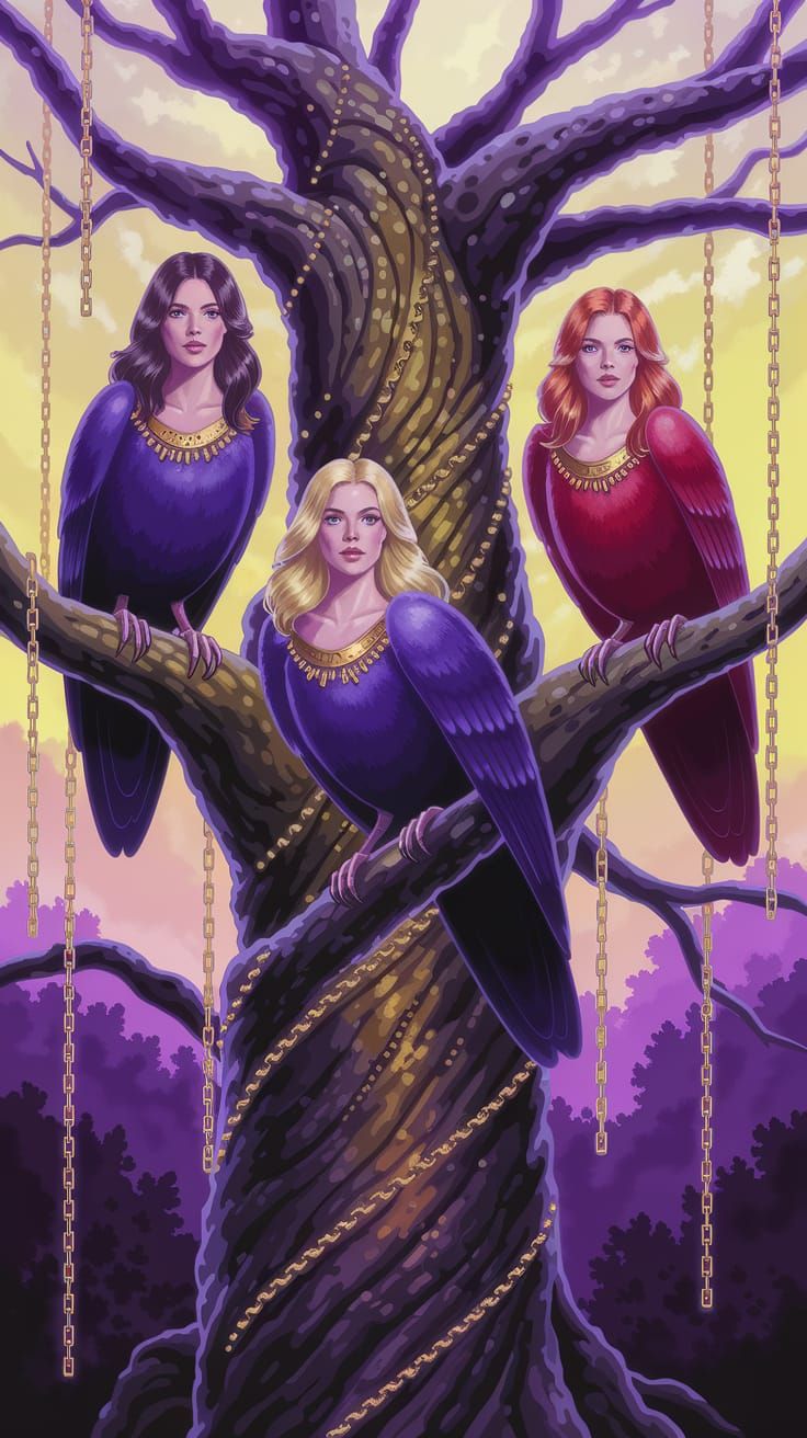 Majestic Birds Perch on Ancient Tree in Dark Fantasy Style