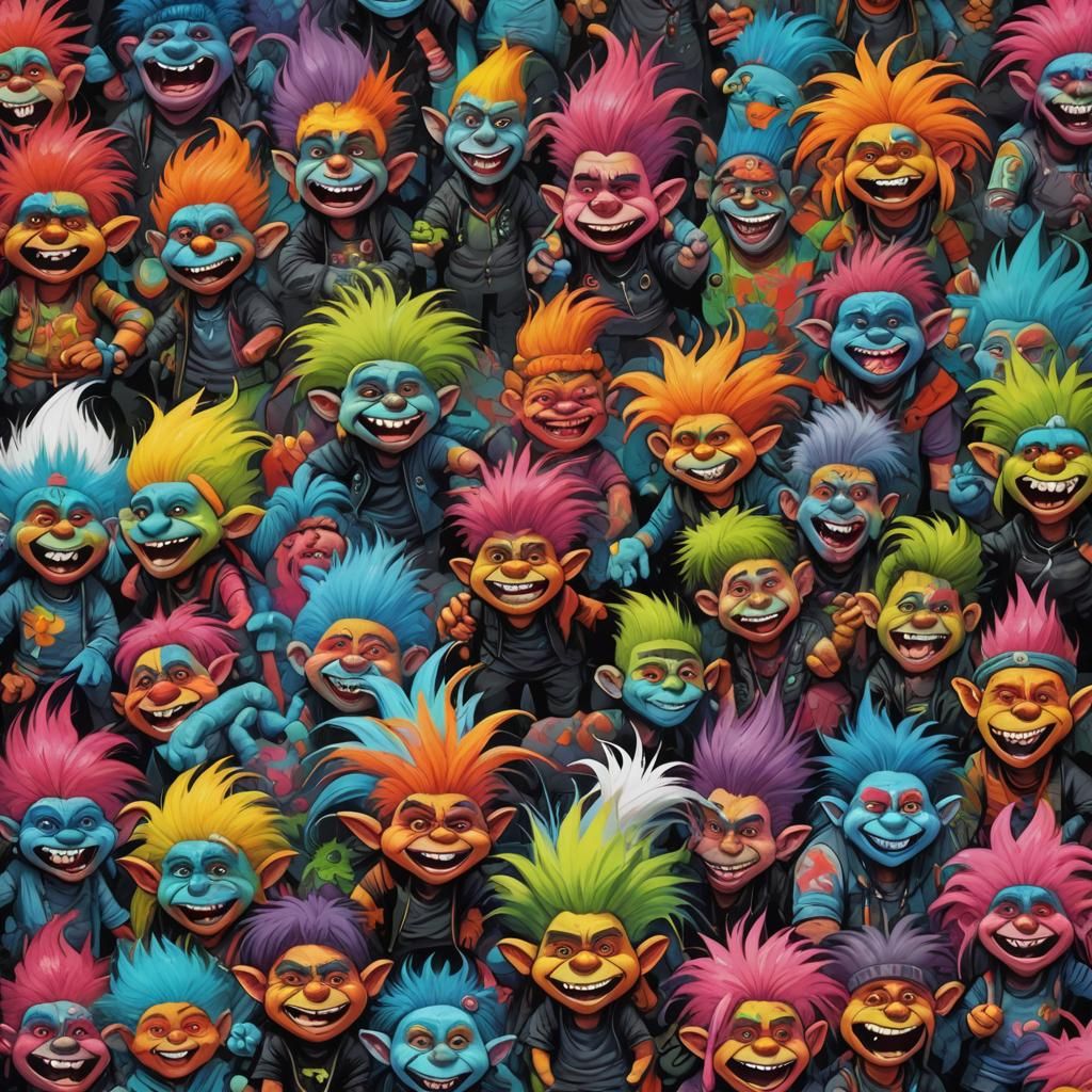 Diverse Trolls with Wild Hairstyles in Graffiti Art