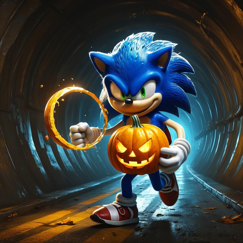 Sonic Runs with Pumpkin, Hyperrealistic Splash Art