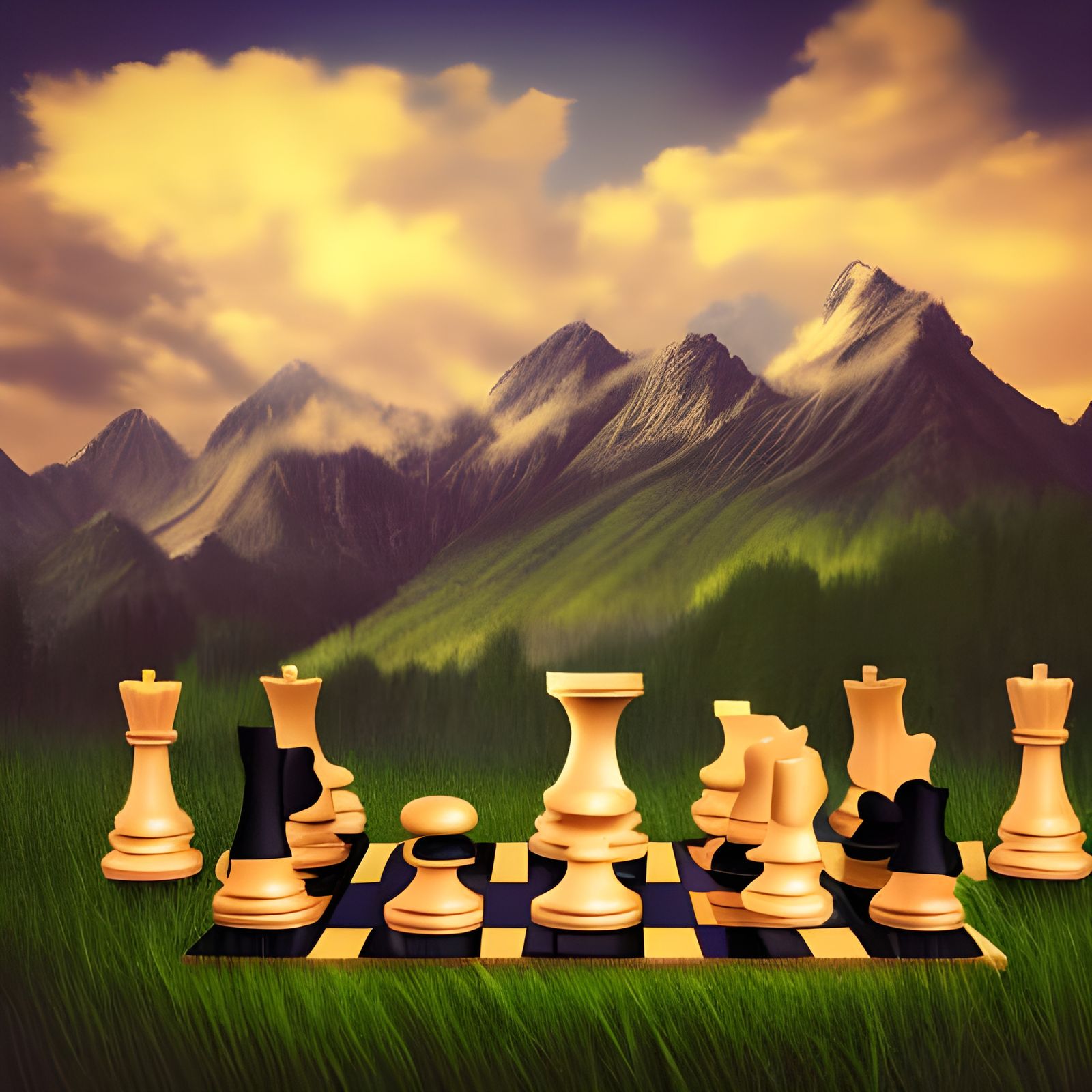 Hyperrealistic Chessboard with Mountain Backdrop