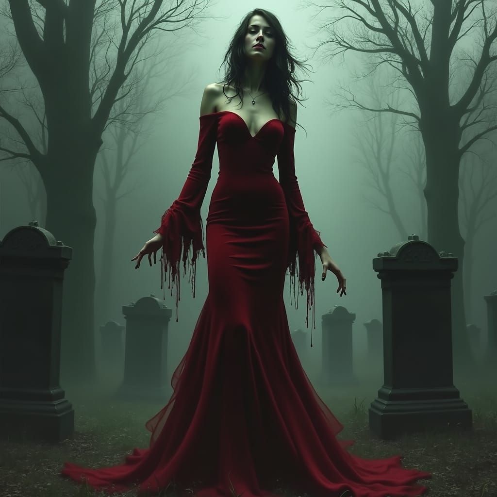 Model in Red Gown, Expressionistic Gothic Style