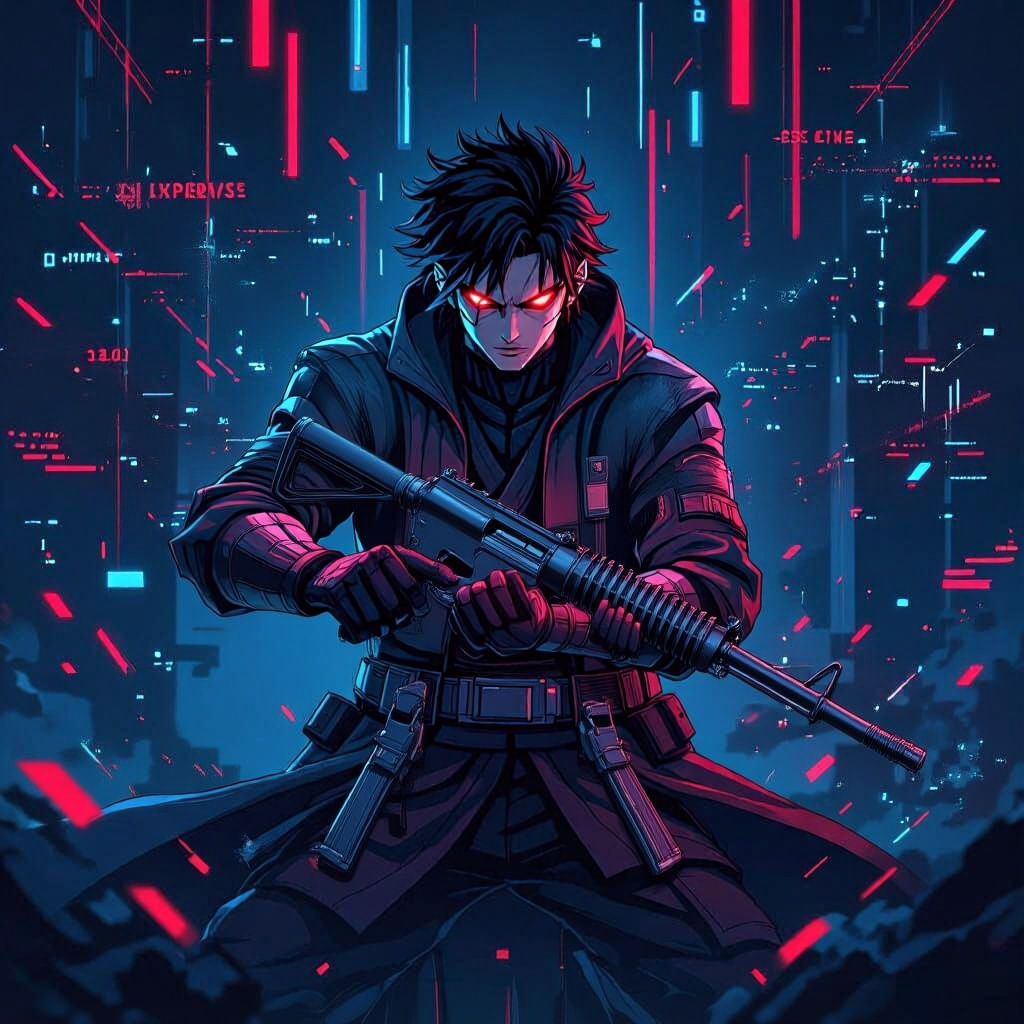 Anime Villain with Lightsabers and Neon Gaming HUD