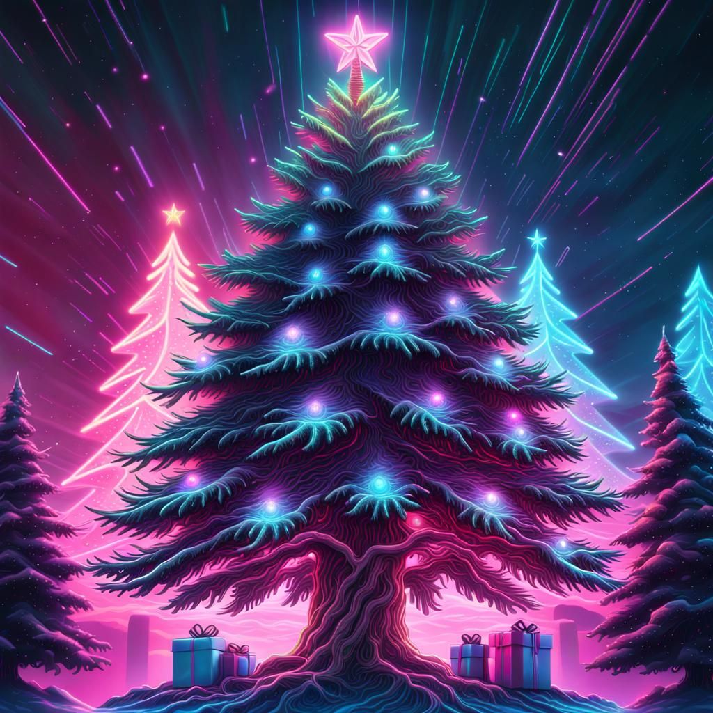 Holographic Christmas Tree in Synthwave Neon Style