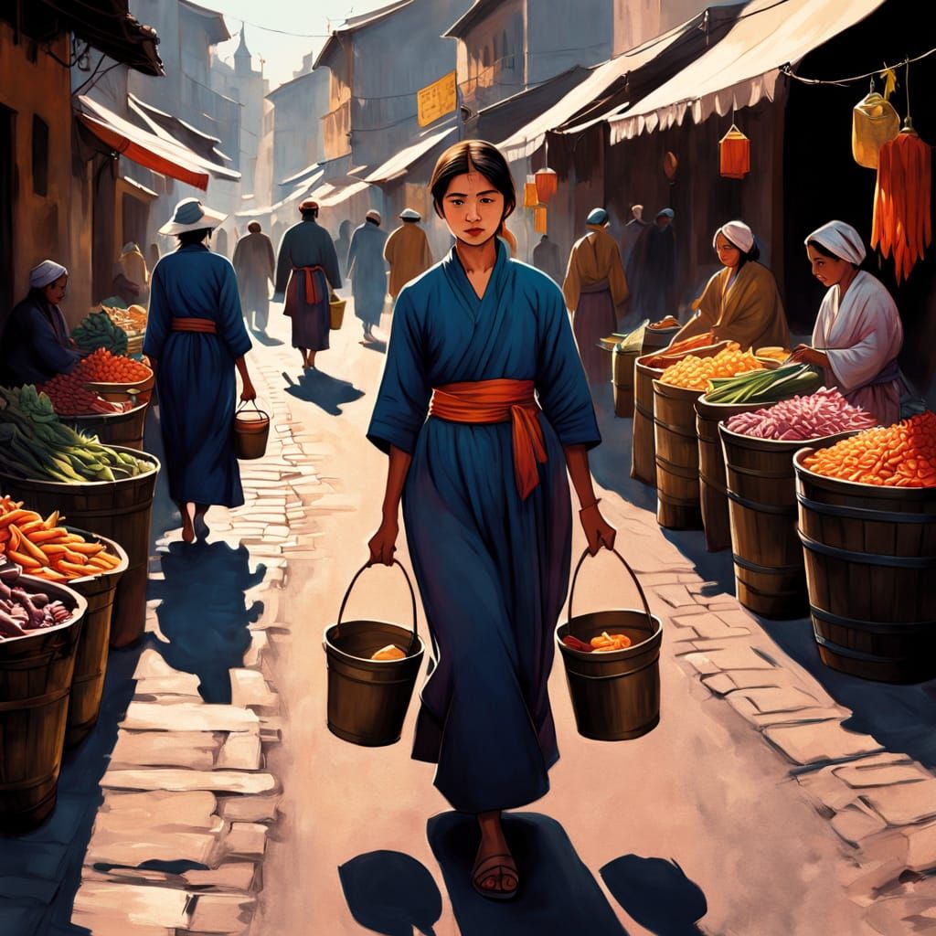 Vibrant Oriental Market Scene in Impressionist Sketch Style