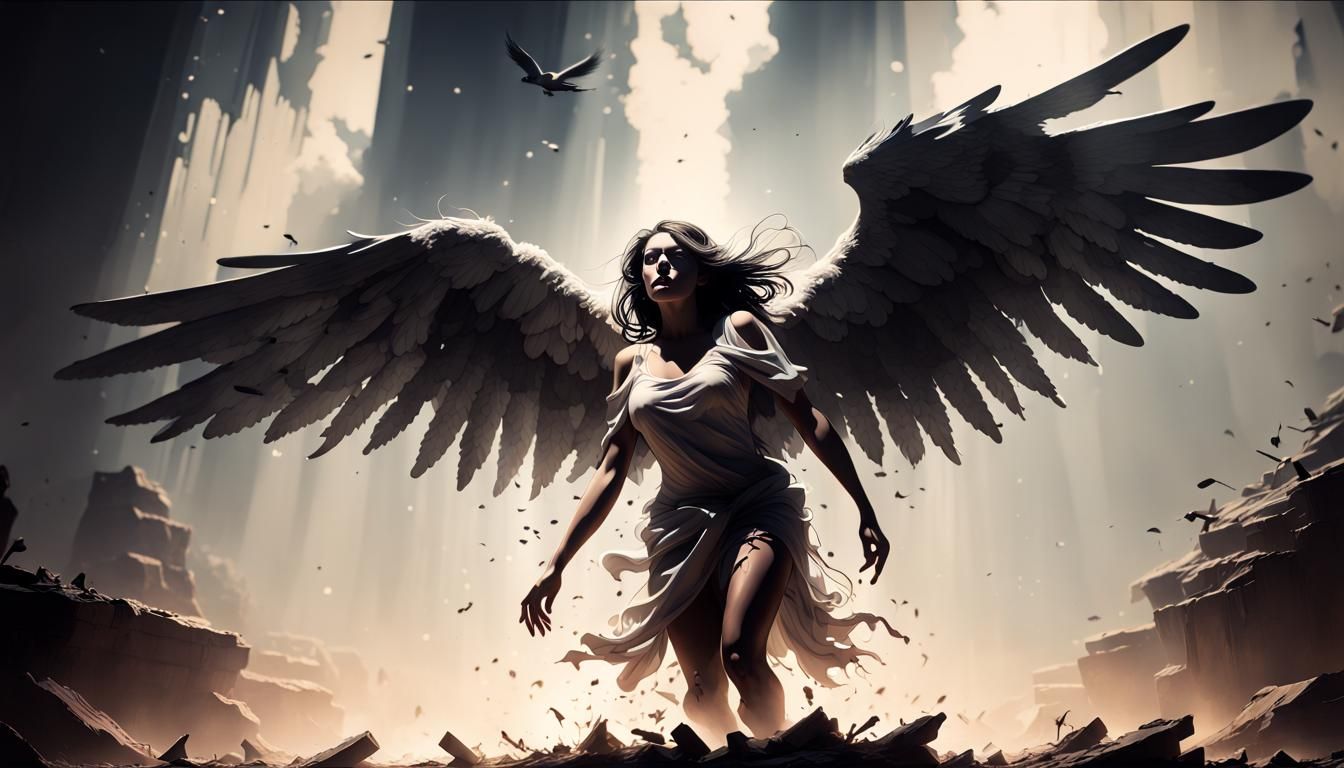 Soaring Figure with Ghostly Wings, Cinematic Lighting