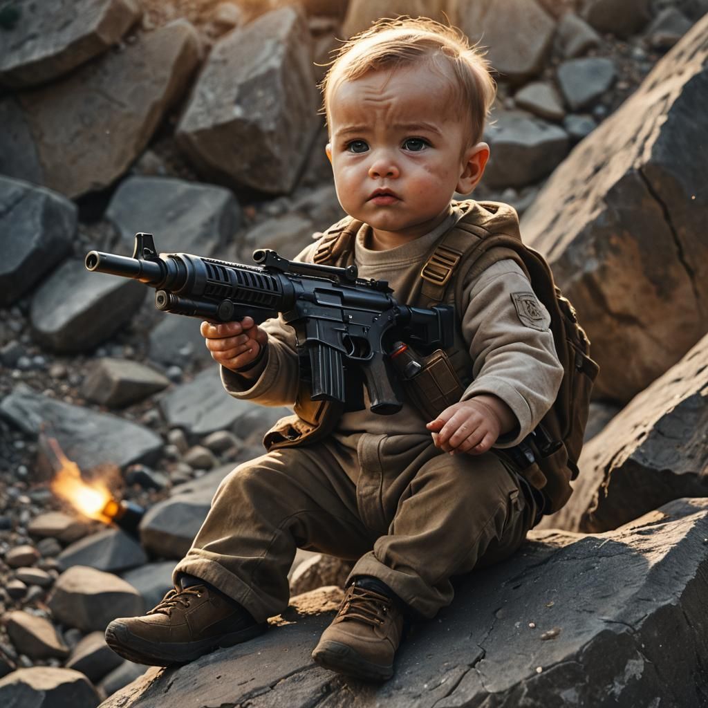 Dramatic Film Still: Baby with a Mini Gun