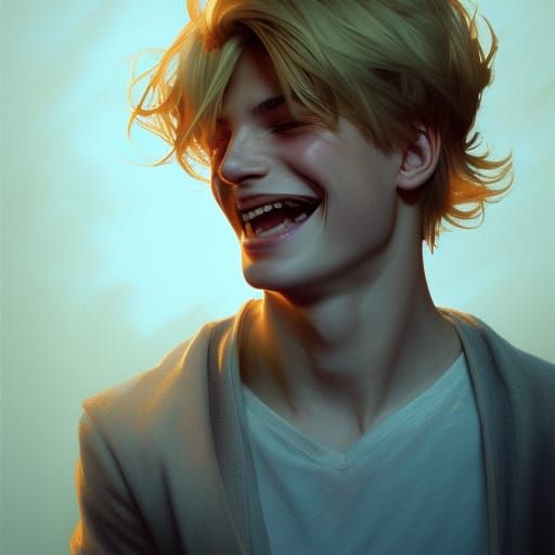 Laughing Blonde Boy Portrait in Hyperdetailed Style