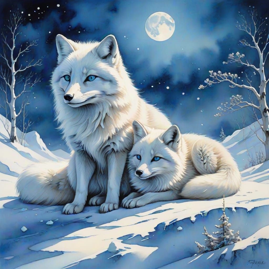 "Two" majestic arctic foxes both with "Bright Blue Eyes" "Both Foxes have a complete snow white fur coat that covers the...