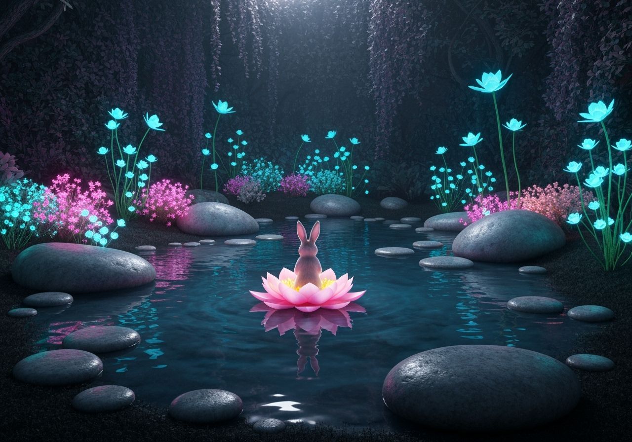Serene Otherworldly Oasis With Bioluminescent Flora and Medi...