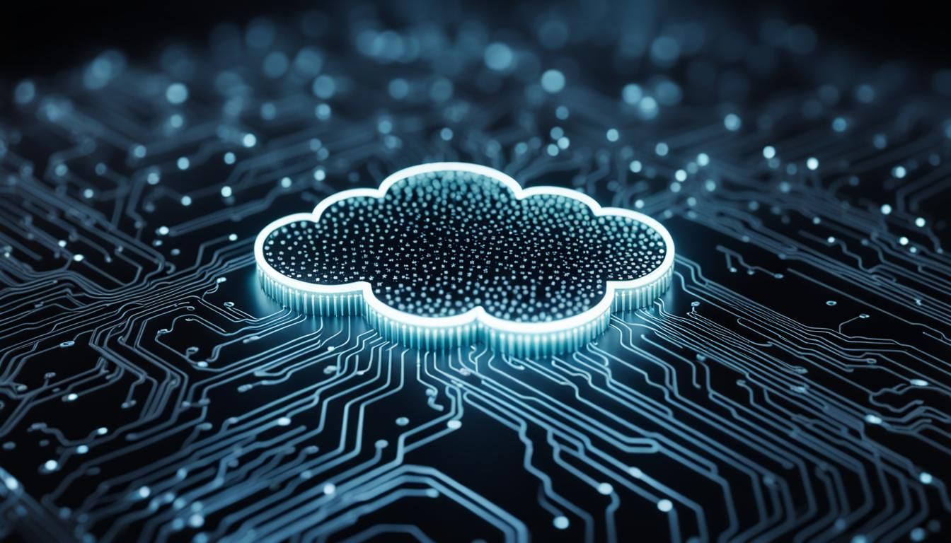 Glowing Cloud Logo on Microchip Surface: Macro Tech