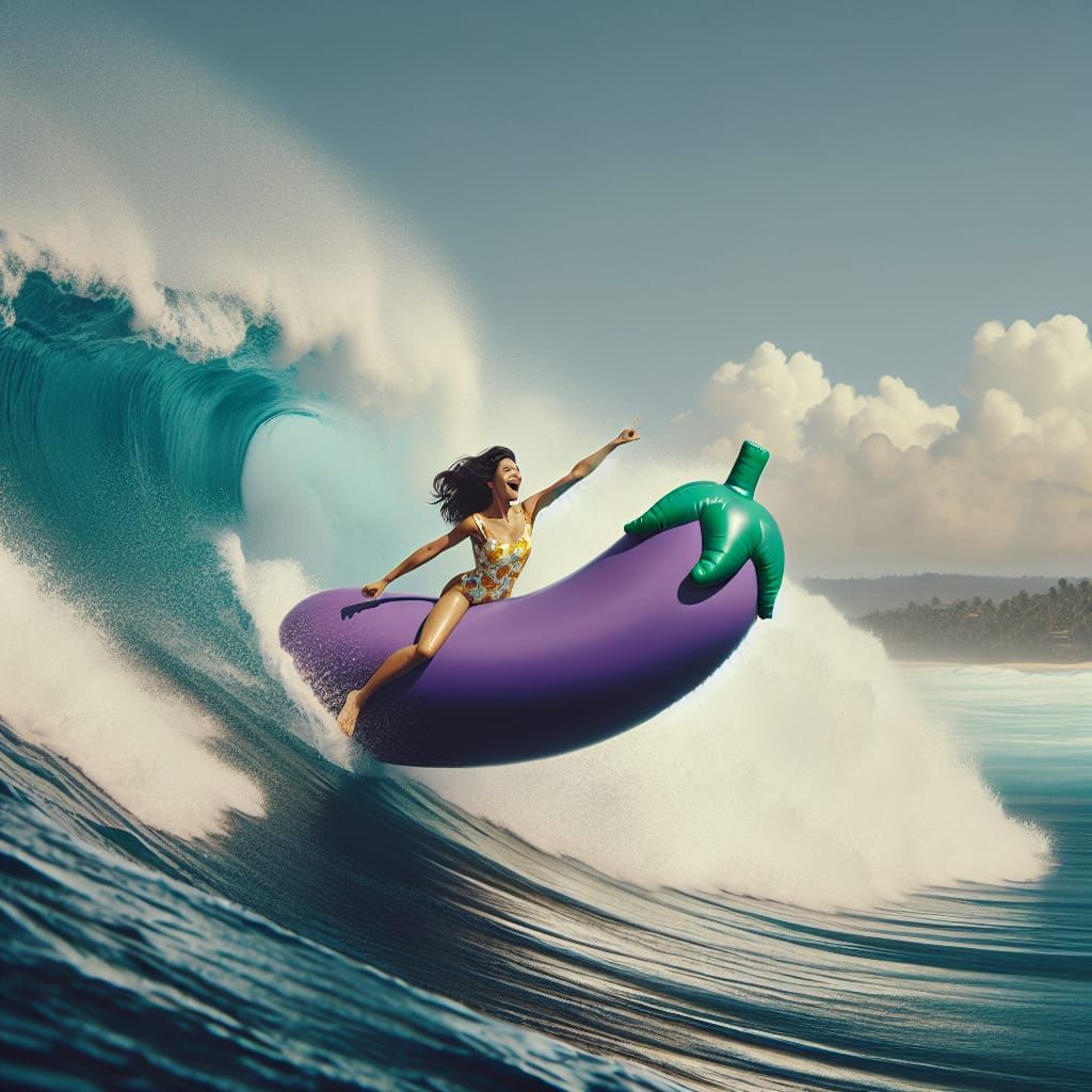 Woman Rides Wave on Eggplant Pool Float