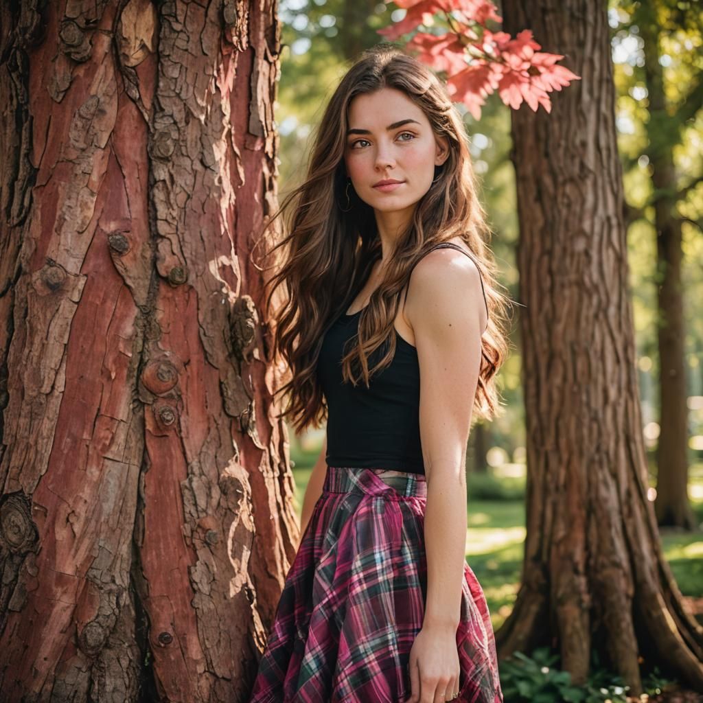 Whimsical Portrait of a Young Woman in a Flowy Skirt, Beside...