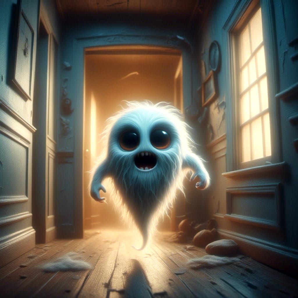 Cute Ghost in Spooky House Corridor