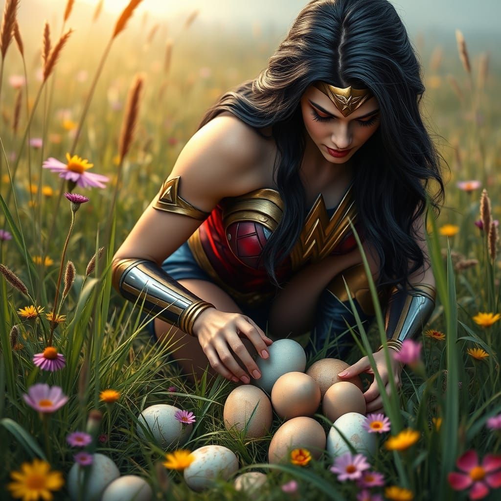 Wonder Woman in a Whimsical Meadow Scene