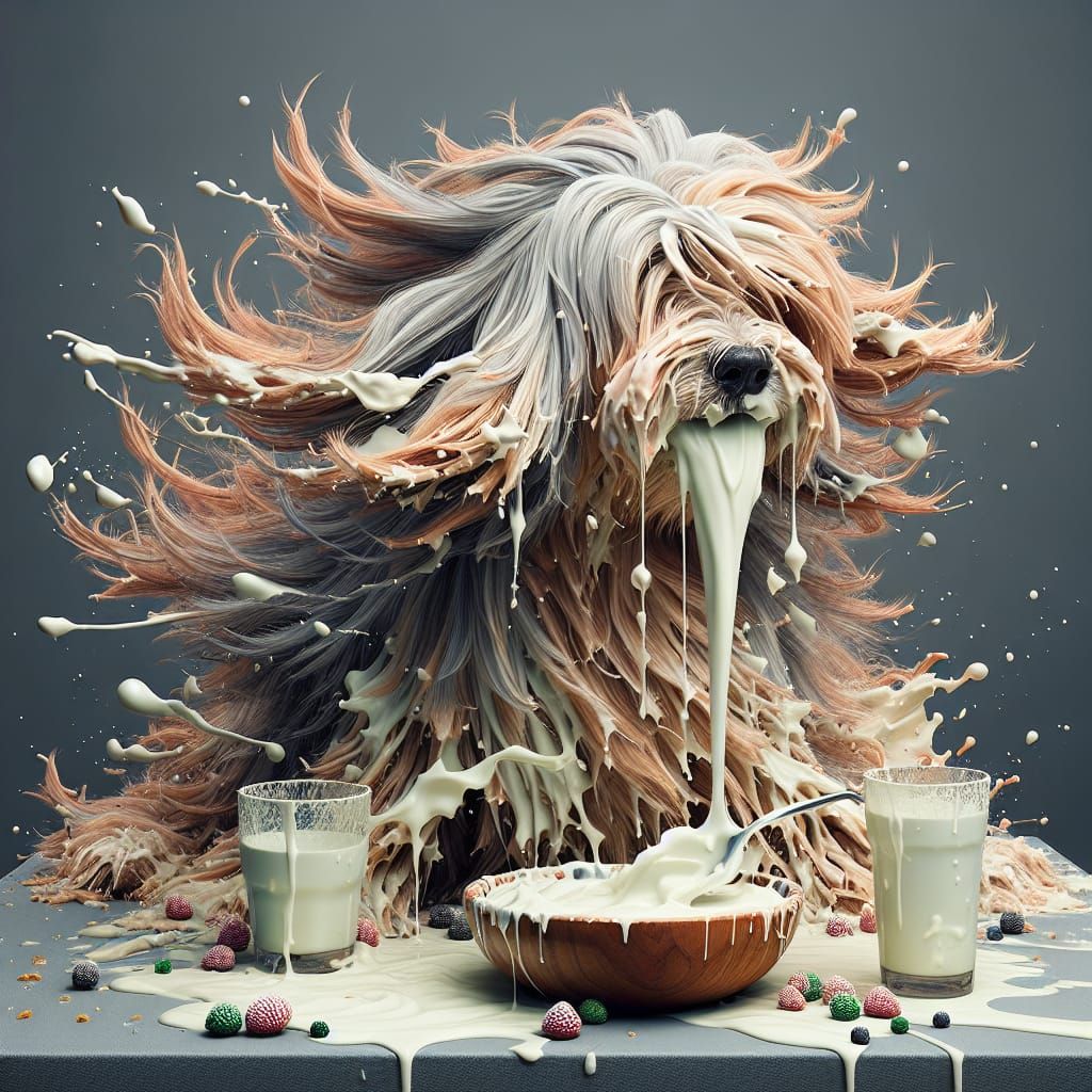 Dog's Yogurt Feast: Hyperrealistic, Humorous Fantasy Concept...
