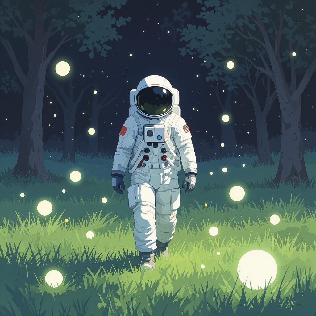 Astronaut in Park with Glowing Orbs