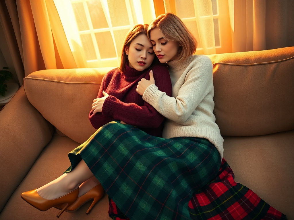 Women's Embrace in Warm Light, Matte Painting