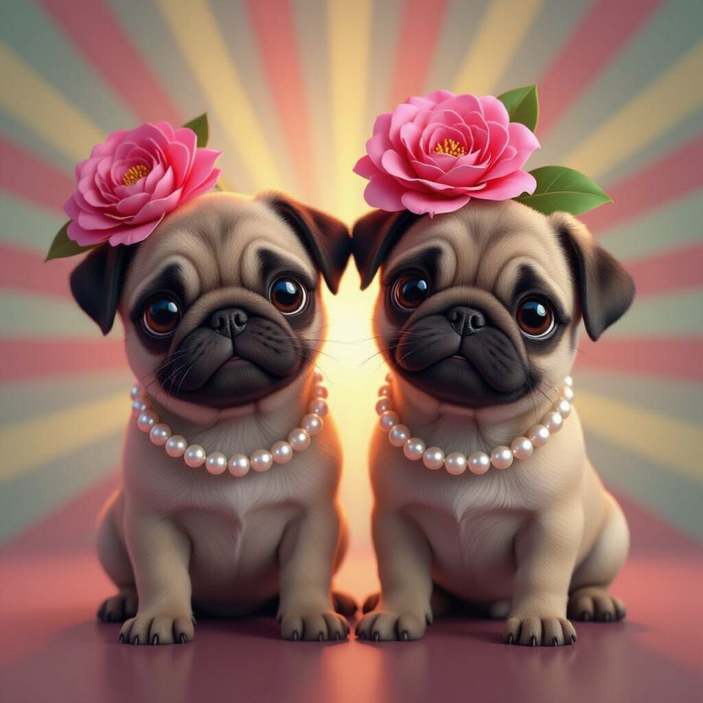 Brindle Pug Puppies with Flowers: Pixar-Style 3D Art