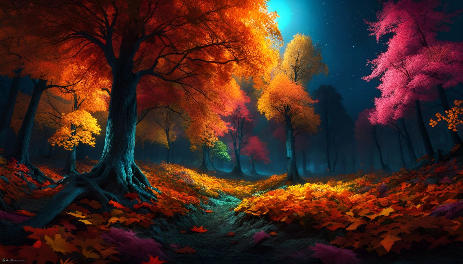 Blooming Autumn Forest at Midnight in Expressionist Style