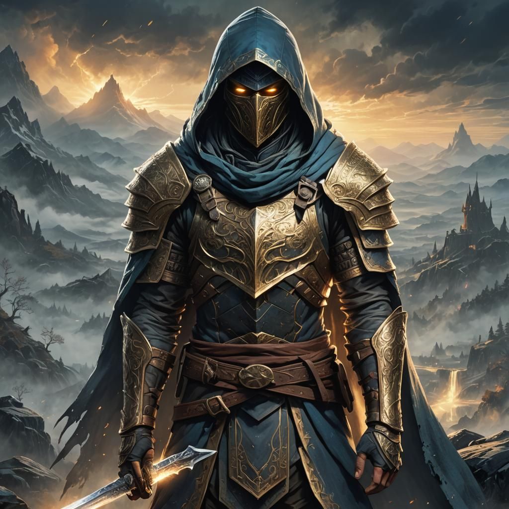 Heroic Hooded Warrior in Misty Anime Landscape